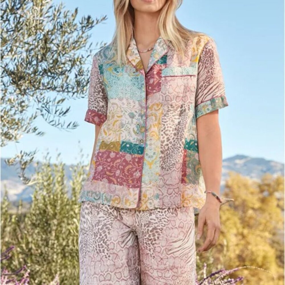 Johnny Was NWT Multicolor 100% Linen MARSEILLE GARDEN Resort Shirt, Size Medium